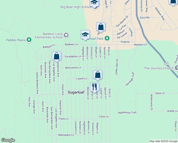 map of restaurants, bars, coffee shops, grocery stores, and more near 323 Moreno Lane in Big Bear