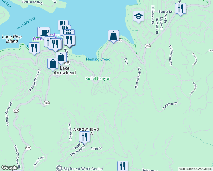 map of restaurants, bars, coffee shops, grocery stores, and more near 28453 Fresh Spring Lane in Lake Arrowhead