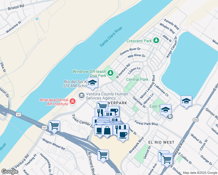 map of restaurants, bars, coffee shops, grocery stores, and more near 763 Flathead River Street in Oxnard