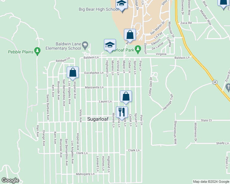 map of restaurants, bars, coffee shops, grocery stores, and more near 323 Moreno Lane in Big Bear