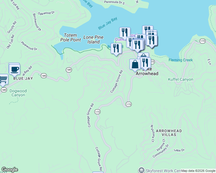 map of restaurants, bars, coffee shops, grocery stores, and more near 378 Hillside Road in Lake Arrowhead