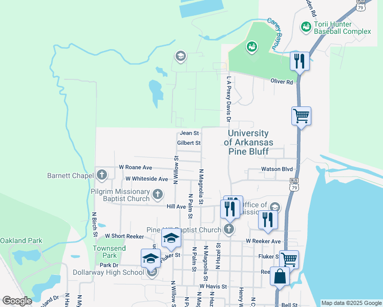 map of restaurants, bars, coffee shops, grocery stores, and more near 2314 Roosevelt Street in Pine Bluff