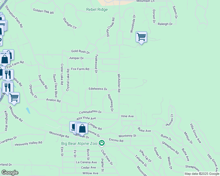 map of restaurants, bars, coffee shops, grocery stores, and more near 1239 Alpenweg Drive in Big Bear Lake