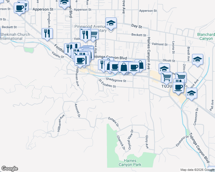 map of restaurants, bars, coffee shops, grocery stores, and more near 7066 Saint Estaban Street in Los Angeles