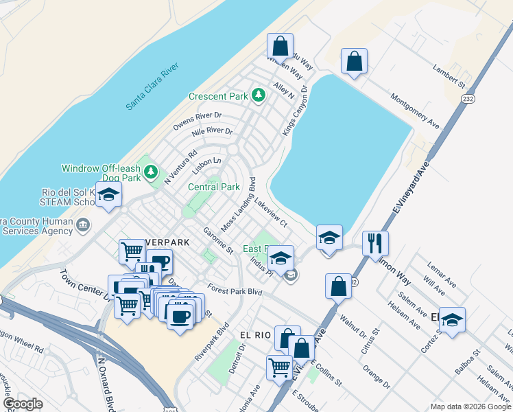 map of restaurants, bars, coffee shops, grocery stores, and more near 422 Lakeview Court in Oxnard