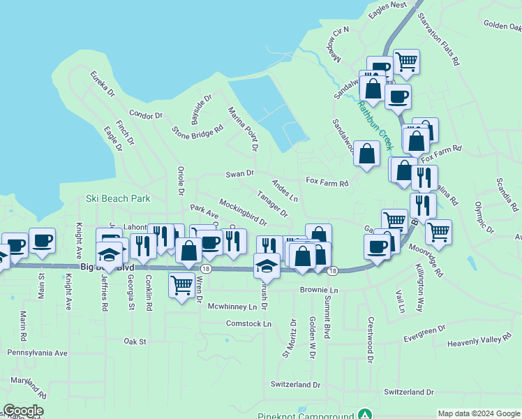 map of restaurants, bars, coffee shops, grocery stores, and more near 320 Dove Court in Big Bear Lake