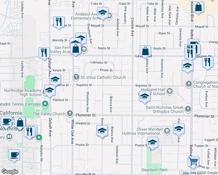 map of restaurants, bars, coffee shops, grocery stores, and more near 17424 Superior Street in Los Angeles