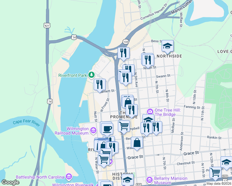 map of restaurants, bars, coffee shops, grocery stores, and more near 923 North 3rd Street in Wilmington
