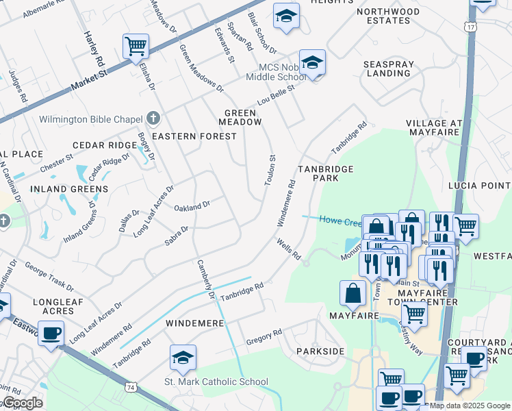 map of restaurants, bars, coffee shops, grocery stores, and more near 362 Toulon Street in Wilmington