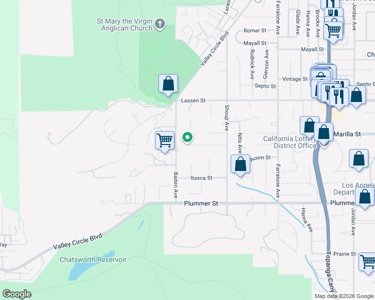 map of restaurants, bars, coffee shops, grocery stores, and more near 9717 Kentland Avenue in Los Angeles