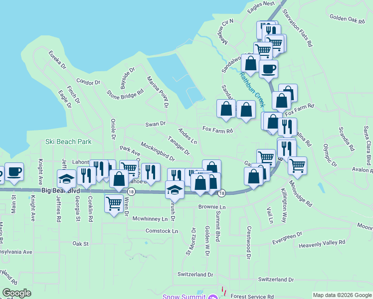 map of restaurants, bars, coffee shops, grocery stores, and more near 41750 Tanager Drive in Big Bear Lake