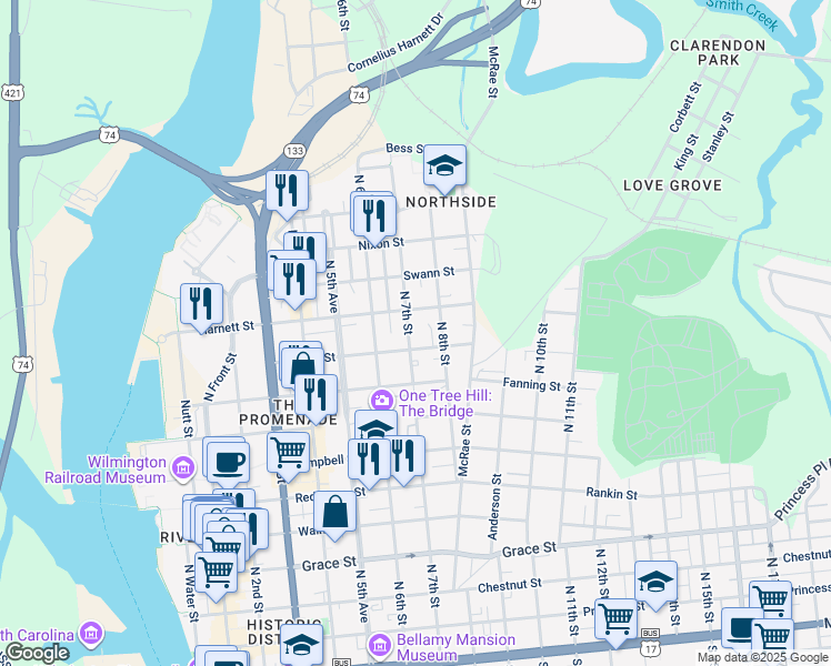 map of restaurants, bars, coffee shops, grocery stores, and more near 910 North 7th Street in Wilmington