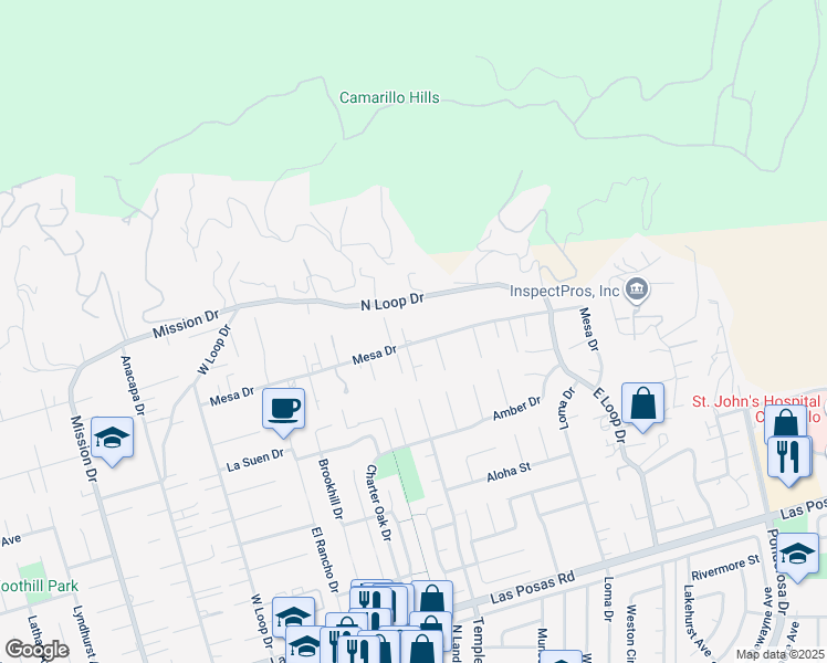 map of restaurants, bars, coffee shops, grocery stores, and more near 627 Mesa Drive in Camarillo