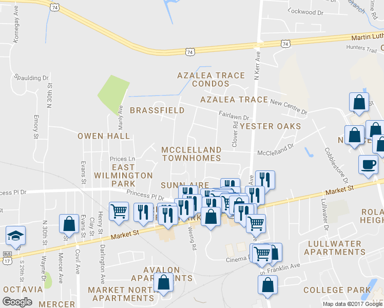 map of restaurants, bars, coffee shops, grocery stores, and more near 339 Saint Rosea Road in Wilmington