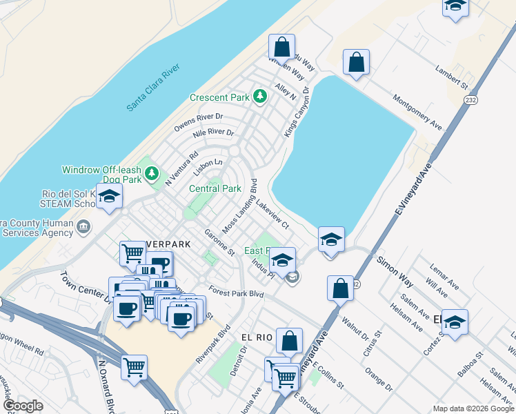 map of restaurants, bars, coffee shops, grocery stores, and more near 422 Lakeview Court in Oxnard
