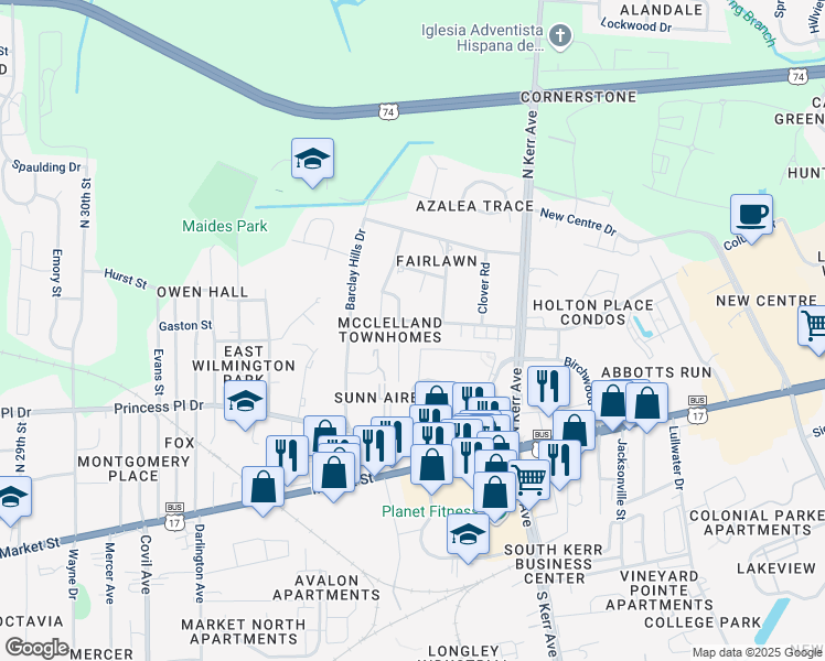 map of restaurants, bars, coffee shops, grocery stores, and more near 4220 McClelland Drive in Wilmington