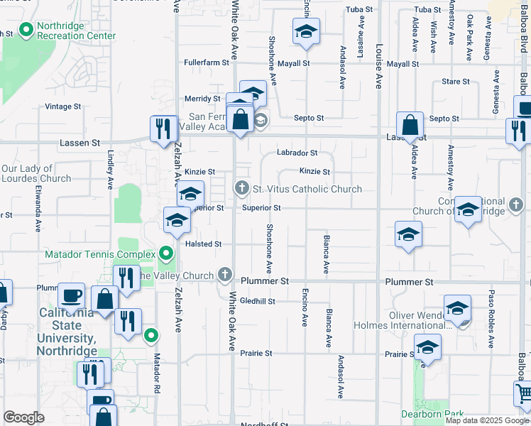 map of restaurants, bars, coffee shops, grocery stores, and more near 17600 Superior Street in Los Angeles