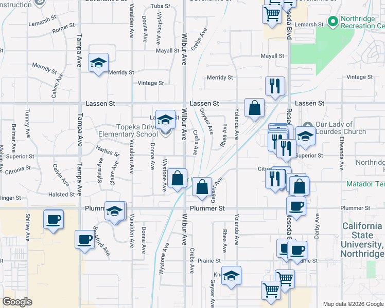 map of restaurants, bars, coffee shops, grocery stores, and more near 9701 Crebs Avenue in Los Angeles