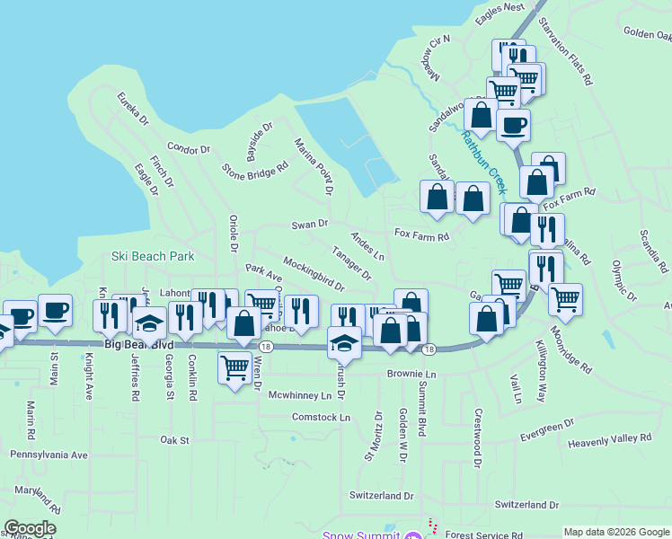 map of restaurants, bars, coffee shops, grocery stores, and more near 320 Dove Court in Big Bear Lake