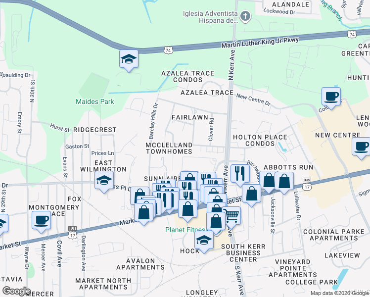 map of restaurants, bars, coffee shops, grocery stores, and more near 4220 McClelland Drive in Wilmington