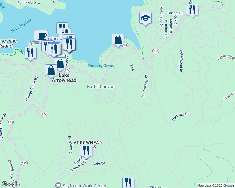 map of restaurants, bars, coffee shops, grocery stores, and more near 375 Kuffel Canyon Road in Lake Arrowhead