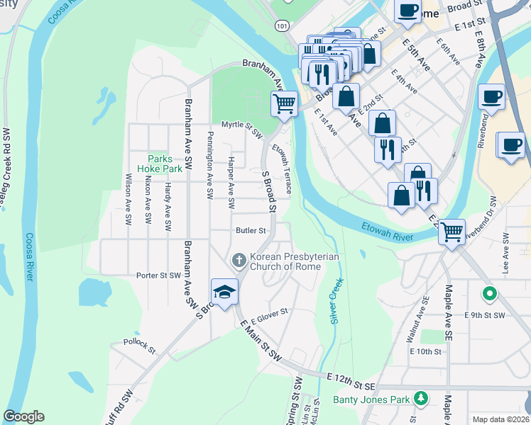 map of restaurants, bars, coffee shops, grocery stores, and more near 11 McGhee Street Southwest in Rome