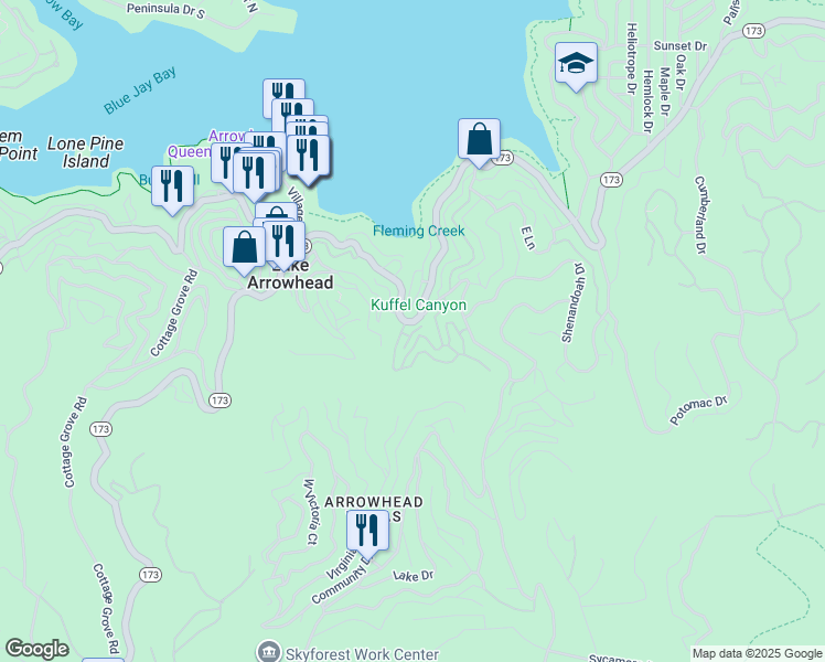 map of restaurants, bars, coffee shops, grocery stores, and more near 206 Cool Creek Lane in Lake Arrowhead