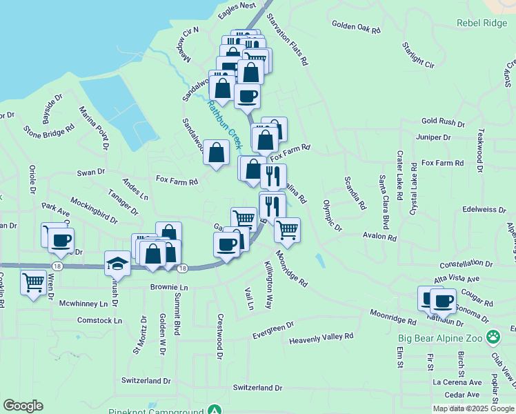map of restaurants, bars, coffee shops, grocery stores, and more near 42112 Big Bear Boulevard in Big Bear Lake