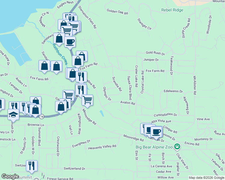 map of restaurants, bars, coffee shops, grocery stores, and more near 42343 Paramount Road in Big Bear Lake