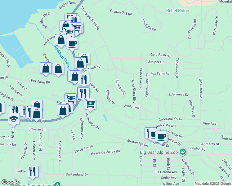 map of restaurants, bars, coffee shops, grocery stores, and more near 42363 Paramount Road in Big Bear Lake