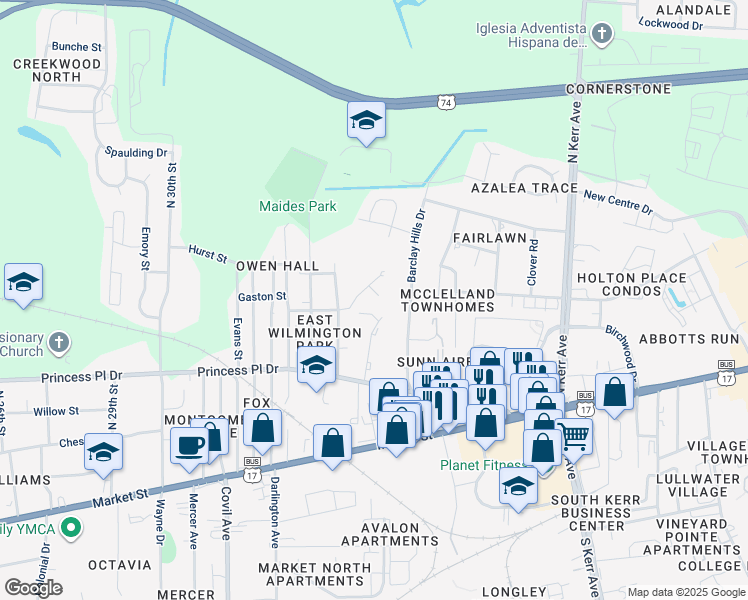 map of restaurants, bars, coffee shops, grocery stores, and more near 510 Hope Springs Court in Wilmington