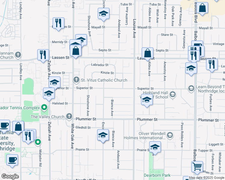 map of restaurants, bars, coffee shops, grocery stores, and more near 17416 Superior Street in Los Angeles