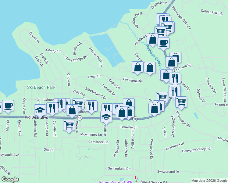 map of restaurants, bars, coffee shops, grocery stores, and more near 41750 Tanager Drive in Big Bear Lake