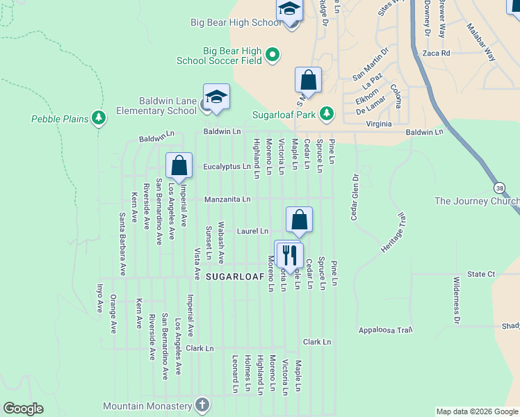 map of restaurants, bars, coffee shops, grocery stores, and more near 321 Highland Lane in Sugarloaf