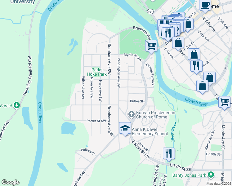 map of restaurants, bars, coffee shops, grocery stores, and more near 404 Pennington Ave SW in Rome