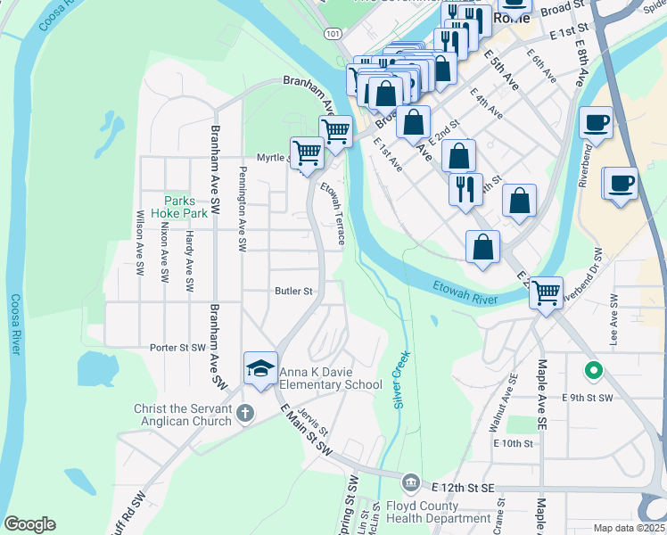 map of restaurants, bars, coffee shops, grocery stores, and more near 407 South Broad Street Southwest in Rome