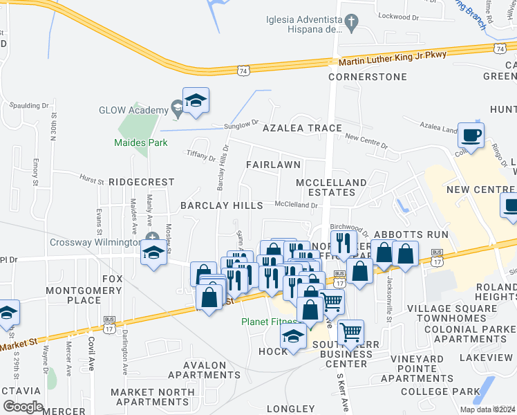 map of restaurants, bars, coffee shops, grocery stores, and more near 4212 McClelland Drive in Wilmington