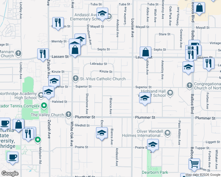 map of restaurants, bars, coffee shops, grocery stores, and more near 17416 Superior Street in Los Angeles