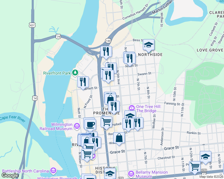 map of restaurants, bars, coffee shops, grocery stores, and more near in Wilmington