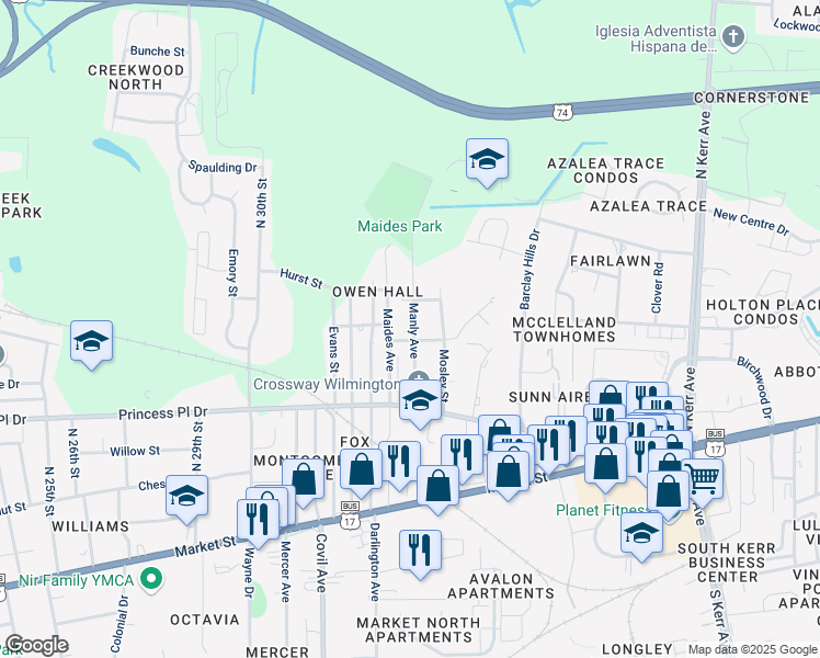 map of restaurants, bars, coffee shops, grocery stores, and more near 509 Manly Avenue in Wilmington
