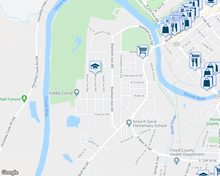 map of restaurants, bars, coffee shops, grocery stores, and more near 418 Branham Avenue Southwest in Rome