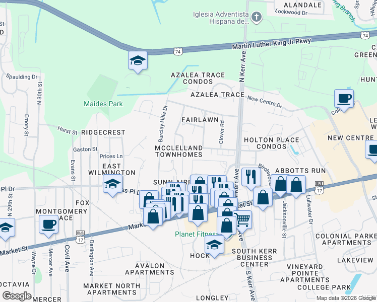 map of restaurants, bars, coffee shops, grocery stores, and more near 4220 McClelland Drive in Wilmington