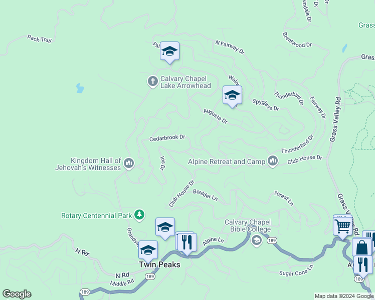map of restaurants, bars, coffee shops, grocery stores, and more near Cedarbrook Drive in Twin Peaks