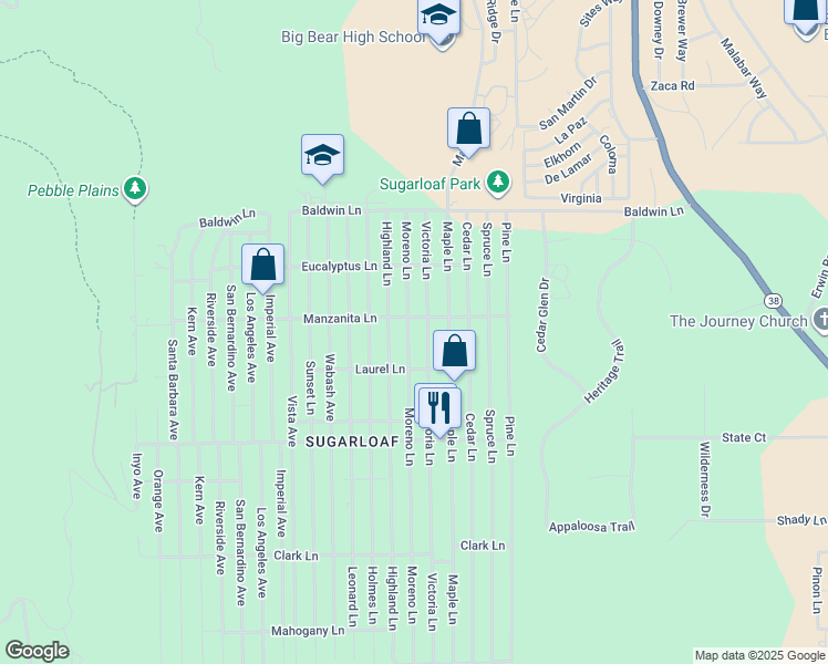 map of restaurants, bars, coffee shops, grocery stores, and more near 317 Moreno Lane in Big Bear
