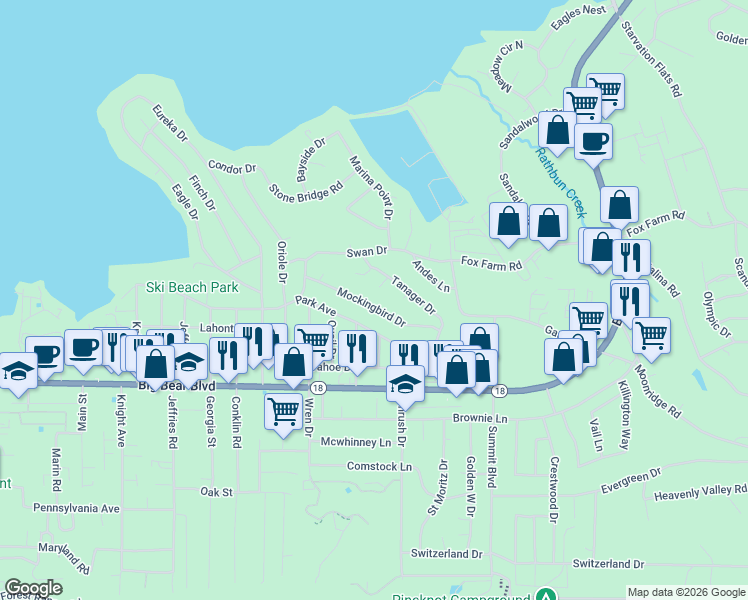map of restaurants, bars, coffee shops, grocery stores, and more near 41640 Mockingbird Drive in Big Bear Lake