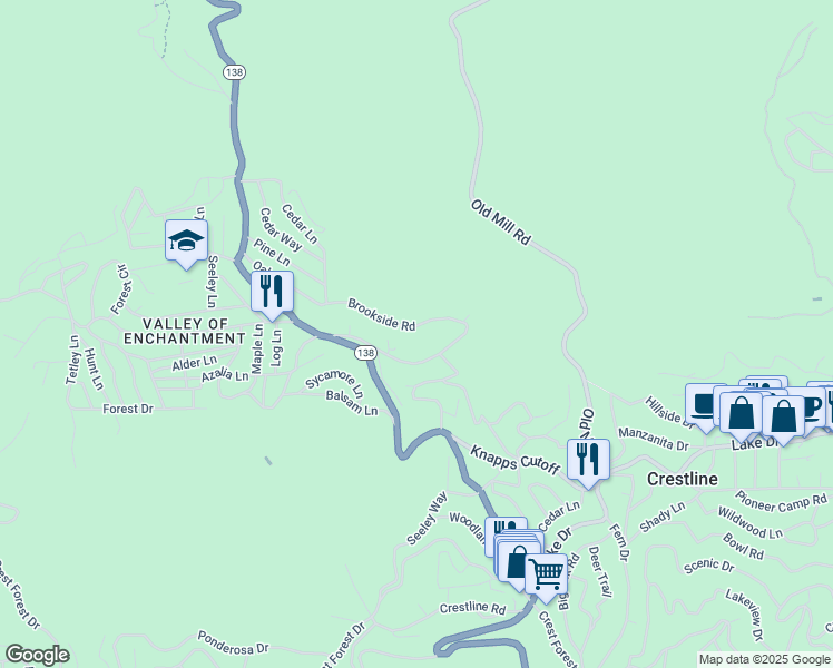 map of restaurants, bars, coffee shops, grocery stores, and more near 23171 Brookside Road in Crestline