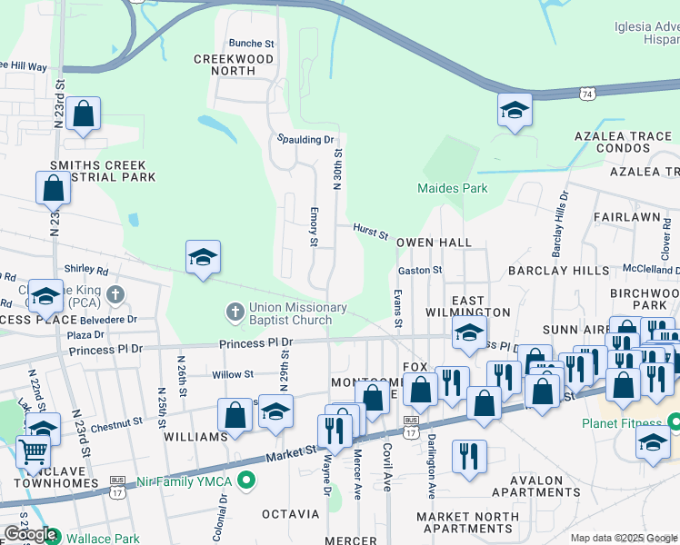 map of restaurants, bars, coffee shops, grocery stores, and more near 620 North 30th Street in Wilmington