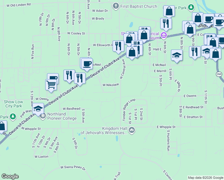 map of restaurants, bars, coffee shops, grocery stores, and more near 341 South 1st Drive in Show Low