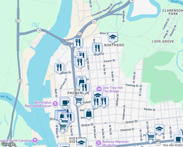 map of restaurants, bars, coffee shops, grocery stores, and more near 916 1/2 North 5th Avenue in Wilmington