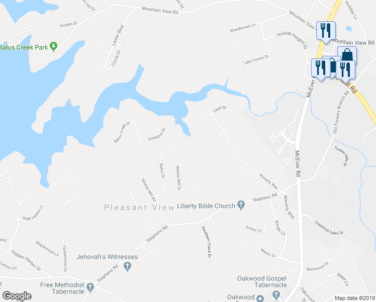 map of restaurants, bars, coffee shops, grocery stores, and more near 5080 Balus Dr in Gainesville